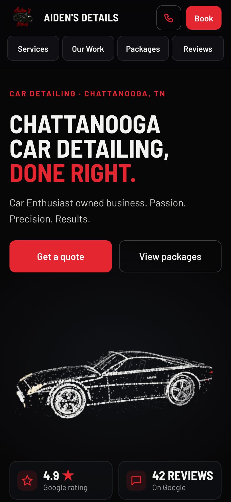 Aiden’s Details website on a phone, screen 1