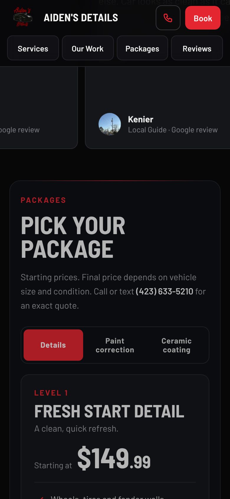 Aiden’s Details website on a phone, screen 3